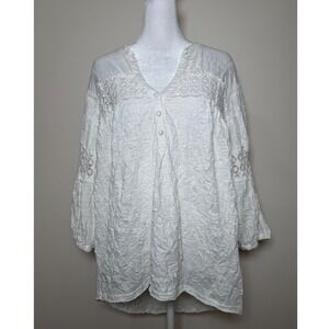 Sundance Size L White Textured Lace Inset V Neck Button Front Top